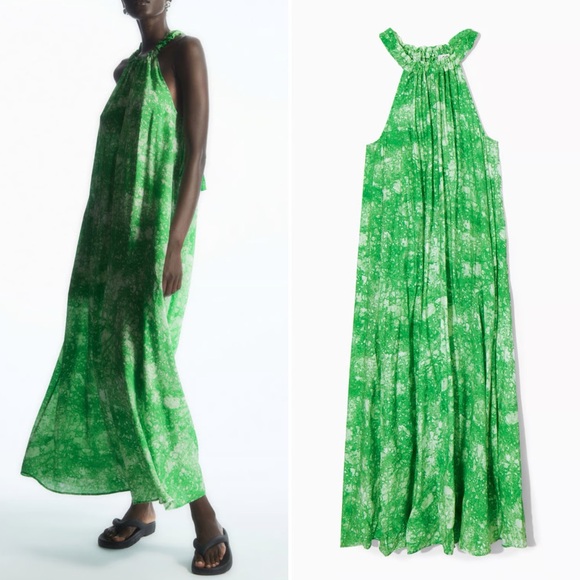 COS Watercolor Halter Maxi Dress Green Sz 4 - Picture 3 of 13